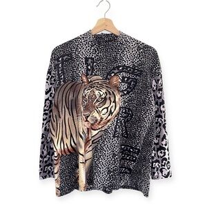 Kenzo Jungle Vintage 80s 90s Tiger Graphic Mock Neck Long Sleeve Cotton Top L